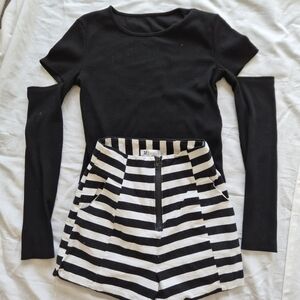 Black Long Sleeve Top and Striped Skirt Set